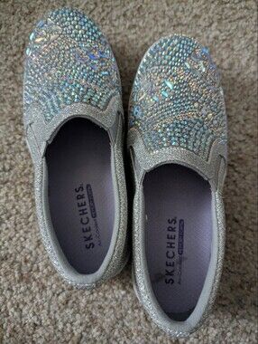 Skechers Silver Glitter Slip-Ons with Iridescent Gem Accents